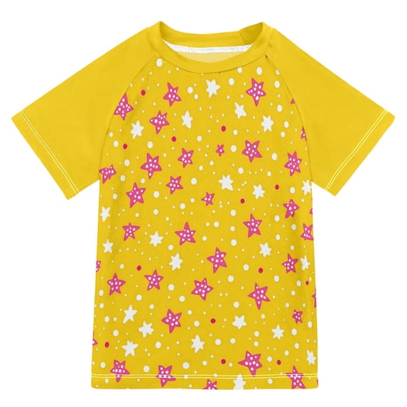 FORMRS Boys Rash Guard Short Sleeves Swim Shirt Quick Dry UPF 50+ Sun Protection, Sizes 3-12T, Pink White Stars