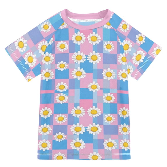 FORMRS Boys Rash Guard Short Sleeves Swim Shirt Quick Dry UPF 50+ Sun Protection, Sizes 3-12T, Playful Daisy