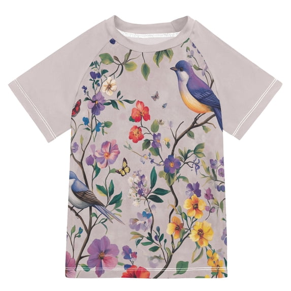 FORMRS Boys Rash Guard Short Sleeves Swim Shirt Quick Dry UPF 50+ Sun Protection, Sizes 3-12T, Purple Floral Pattern