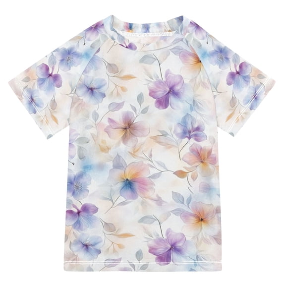 FORMRS Boys Rash Guard Short Sleeves Swim Shirt Quick Dry UPF 50+ Sun Protection, Sizes 3-12T, Purple Flower Pattern