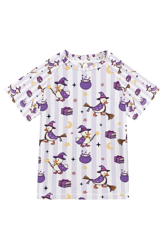 Boys Rash Guard Short Sleeves Swim Shirt Quick Dry UPF 50+ Sun Protection, Sizes 3-12T, Purple Halloween Gooses