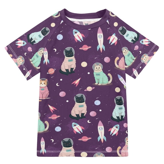 FORMRS Boys Rash Guard Short Sleeves Swim Shirt Quick Dry UPF 50+ Sun Protection, Sizes 3-12T, Purple Space Cat Pattern