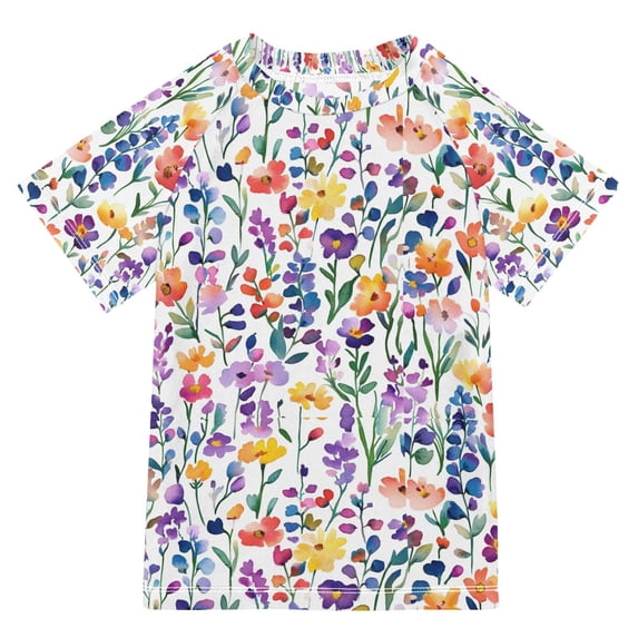 FORMRS Boys Rash Guard Short Sleeves Swim Shirt Quick Dry UPF 50+ Sun Protection, Sizes 3-12T, Purple Wildflower Pattern