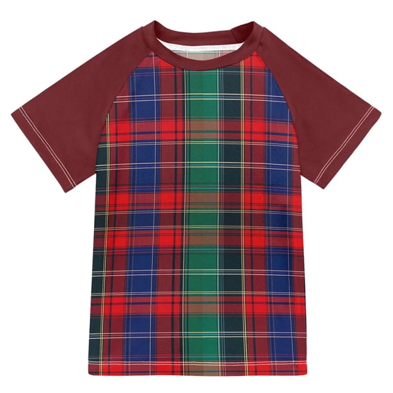FORMRS Boys Rash Guard Short Sleeves Swim Shirt Quick Dry UPF 50+ Sun Protection, Sizes 3-12T, Red Green Pattern