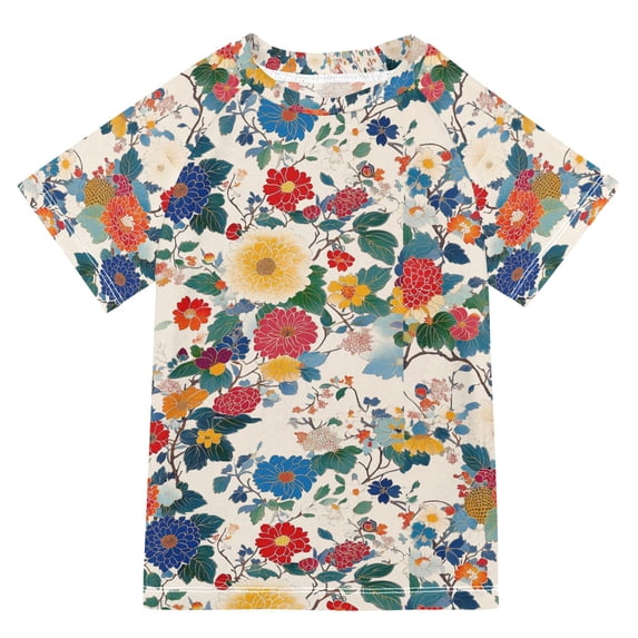FORMRS Boys Rash Guard Short Sleeves Swim Shirt Quick Dry UPF 50+ Sun Protection, Sizes 3-12T, Red Japanese Floral Pattern