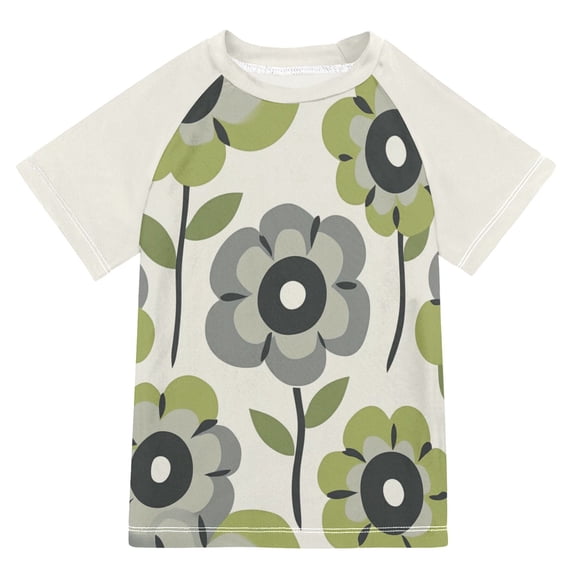 FORMRS Boys Rash Guard Short Sleeves Swim Shirt Quick Dry UPF 50+ Sun Protection, Sizes 3-12T, Retro Flower