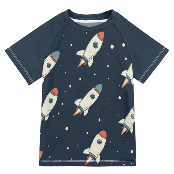 FORMRS Boys Rash Guard Short Sleeves Swim Shirt Quick Dry UPF 50+ Sun Protection, Sizes 3-12T, Rocket Pattern