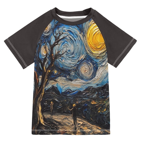 FORMRS Boys Rash Guard Short Sleeves Swim Shirt Quick Dry UPF 50+ Sun Protection, Sizes 3-12T, Swirling Starry Sky