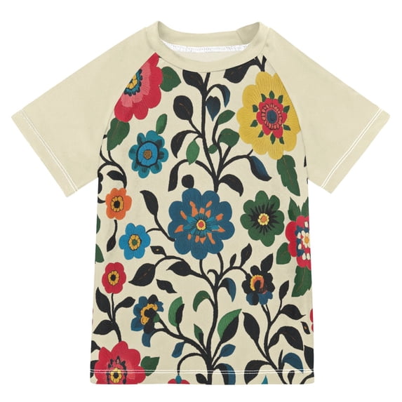 FORMRS Boys Rash Guard Short Sleeves Swim Shirt Quick Dry UPF 50+ Sun Protection, Sizes 3-12T, Vibrant Floral