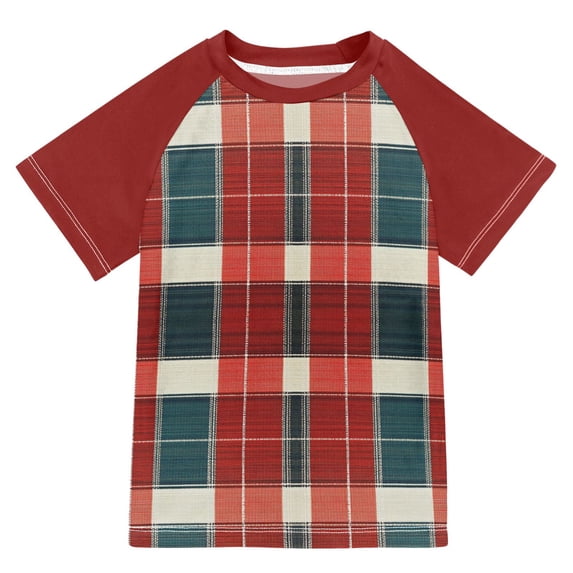 FORMRS Boys Rash Guard Short Sleeves Swim Shirt Quick Dry UPF 50+ Sun Protection, Sizes 3-12T, Vibrant Red Tartan Pattern