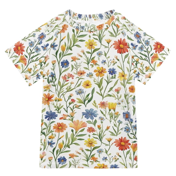 FORMRS Boys Rash Guard Short Sleeves Swim Shirt Quick Dry UPF 50+ Sun Protection, Sizes 3-12T, Watercolor Wildflowers Pattern