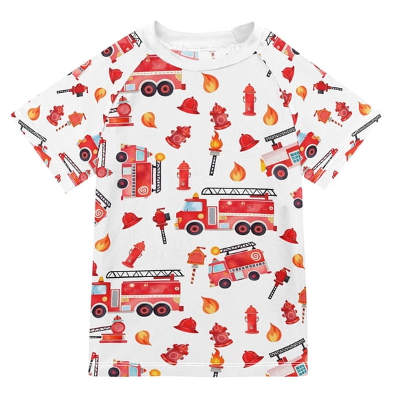 FORMRS Boys Rash Guard Short Sleeves Swim Shirt Quick Dry UPF 50+ Sun Protection, Sizes 3-12T, White Cartoon Fire Truck Pattern