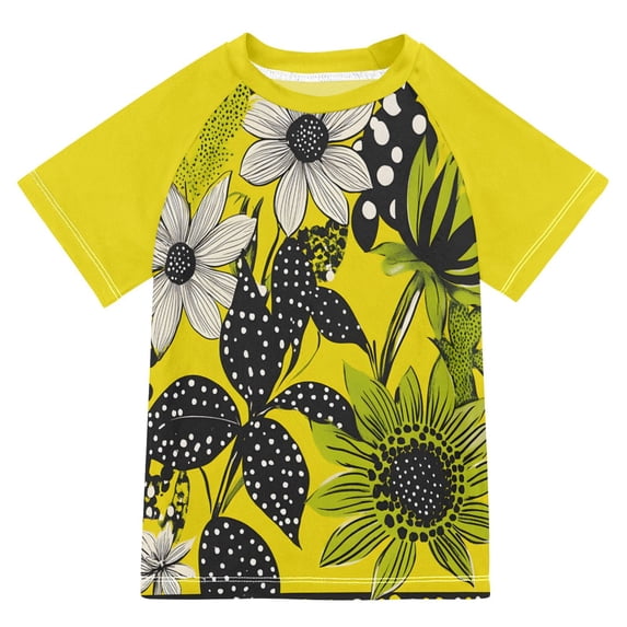 FORMRS Boys Rash Guard Short Sleeves Swim Shirt Quick Dry UPF 50+ Sun Protection, Sizes 3-12T, Yellow Flowers