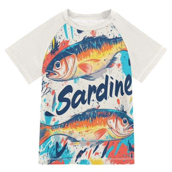 FORMRS Boys Rash Guard Short Sleeves Swim Shirt Quick Dry UPF 50+ Sun Protection, Sizes 3-12T, Yellow Sardines Pattern