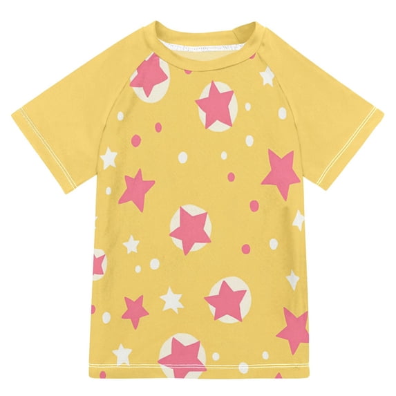 FORMRS Boys Rash Guard Short Sleeves Swim Shirt Quick Dry UPF 50+ Sun Protection, Sizes 3-12T, Yellow Stars