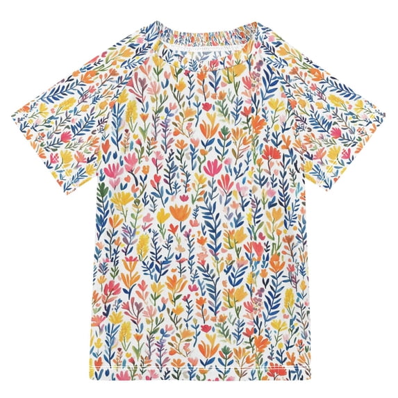 FORMRS Boys Rash Guard Short Sleeves Swim Shirt Quick Dry UPF 50+ Sun Protection, Sizes 3-12T, Yellow Wildflower Pattern