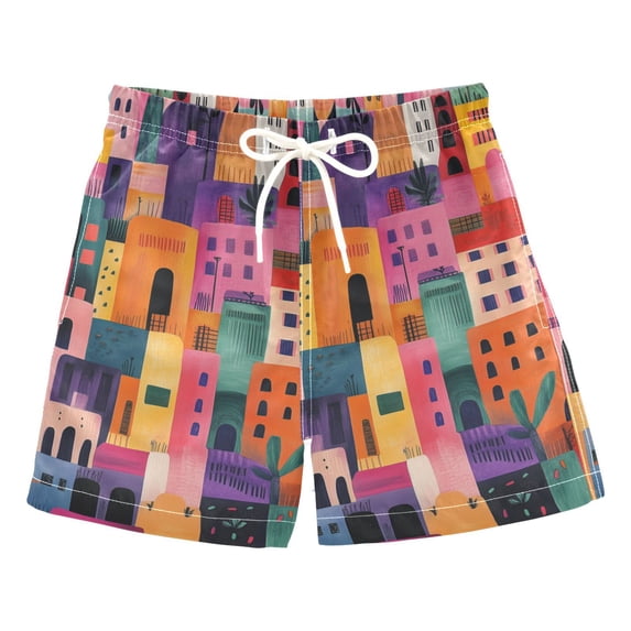 FORMRS Boys Swim Trunks Quick Dry Mesh Liner Boardshorts Sizes XS-XL, Art Buildings