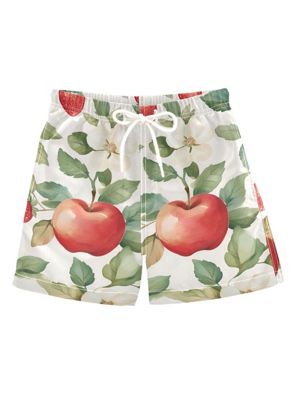 Boys Swim Trunks Quick Dry Mesh Liner Boardshorts Sizes XS-XL, Beige Apple Pattern