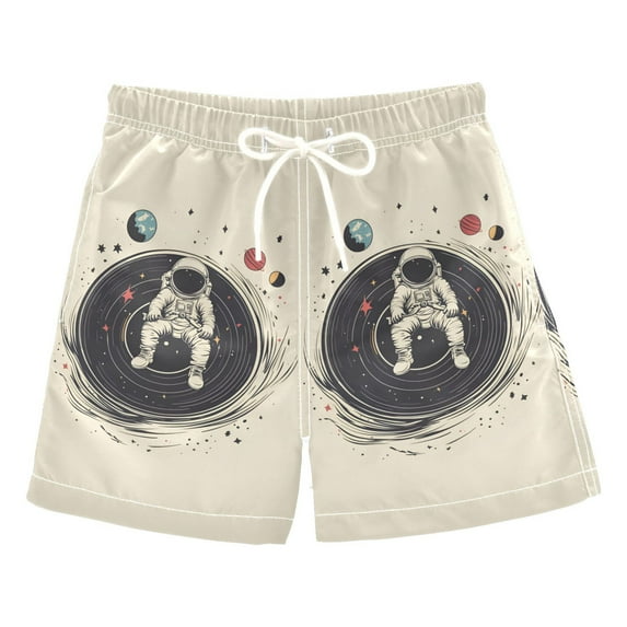 FORMRS Boys Swim Trunks Quick Dry Mesh Liner Boardshorts Sizes XS-XL, Beige Astronaut Space