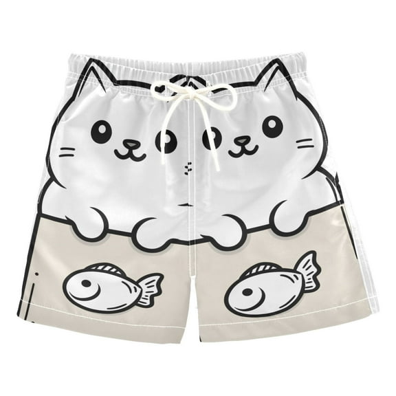 FORMRS Boys Swim Trunks Quick Dry Mesh Liner Boardshorts Sizes XS-XL, Beige Chubby Cat