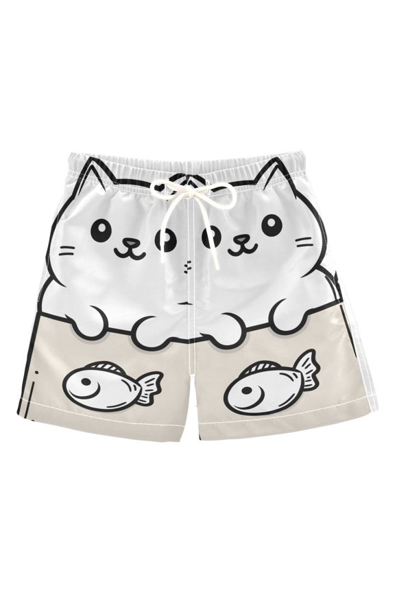 Boys Swim Trunks Quick Dry Mesh Liner Boardshorts Sizes XS-XL, Beige Chubby Cat
