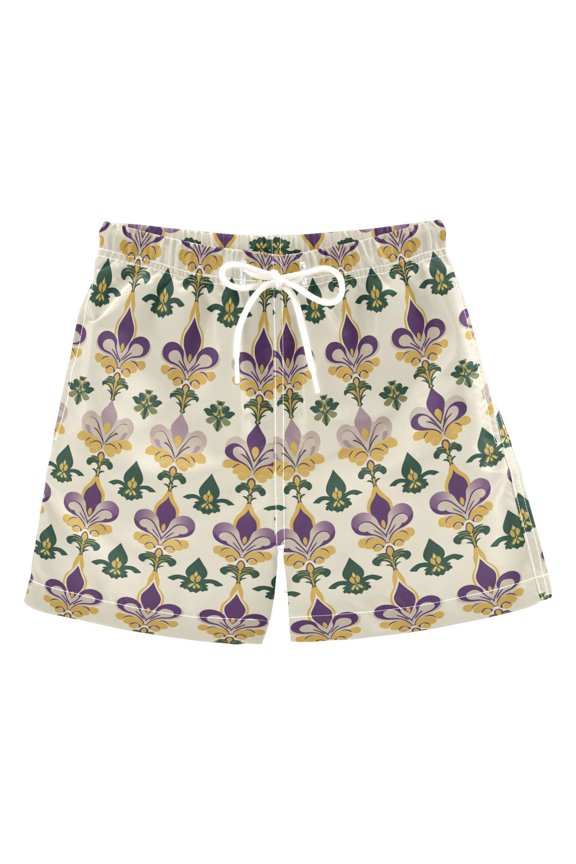 Boys Swim Trunks Quick Dry Mesh Liner Boardshorts Sizes XS-XL, Beige Floral Pattern