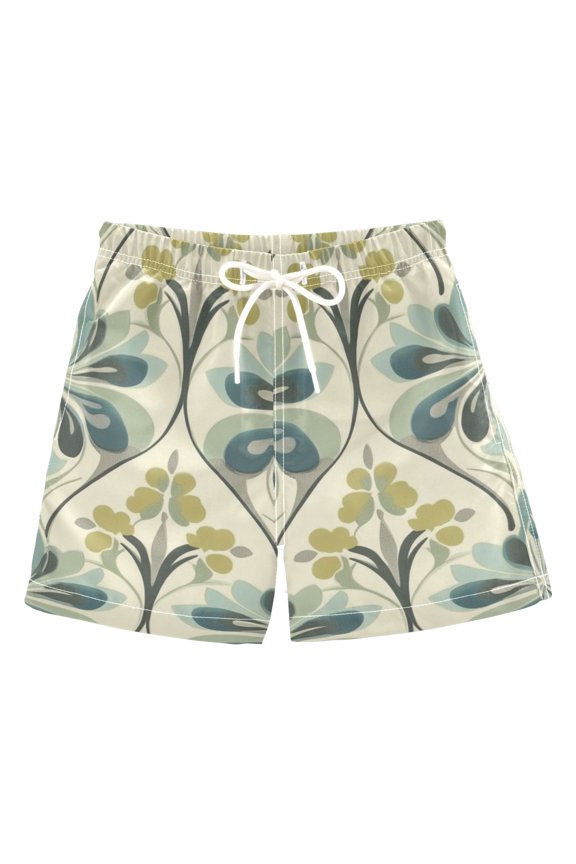 Boys Swim Trunks Quick Dry Mesh Liner Boardshorts Sizes XS-XL, Beige Floral Pattern