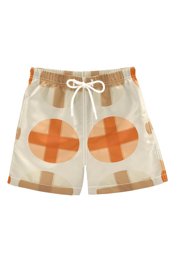 Boys Swim Trunks Quick Dry Mesh Liner Boardshorts Sizes XS-XL, Beige Geometric Pattern