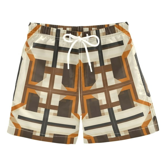 FORMRS Boys Swim Trunks Quick Dry Mesh Liner Boardshorts Sizes XS-XL, Beige Geometric