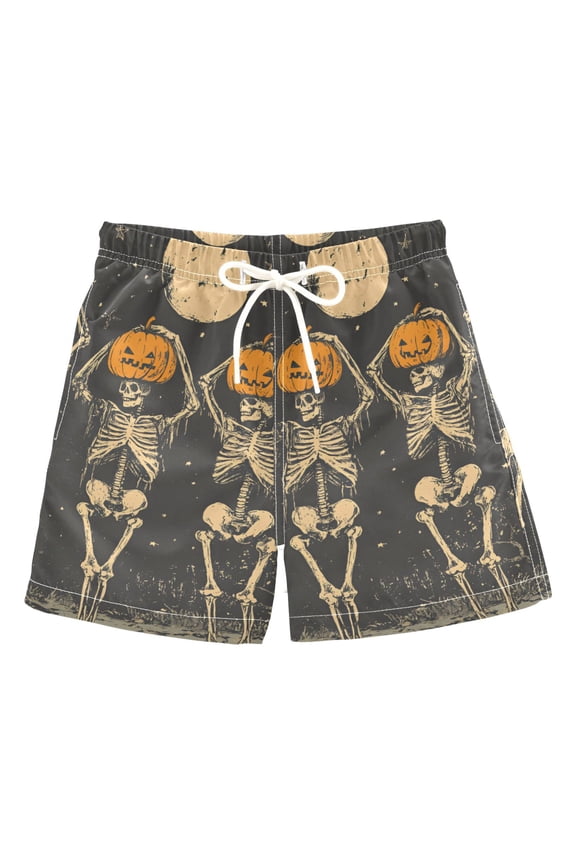 Boys Swim Trunks Quick Dry Mesh Liner Boardshorts Sizes XS-XL, Beige Halloween Skeleton