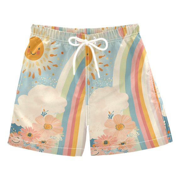 FORMRS Boys Swim Trunks Quick Dry Mesh Liner Boardshorts Sizes XS-XL, Beige Rainbow Clouds