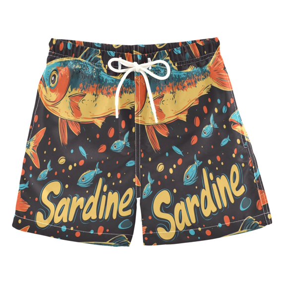 FORMRS Boys Swim Trunks Quick Dry Mesh Liner Boardshorts Sizes XS-XL, Black Sardines Pattern