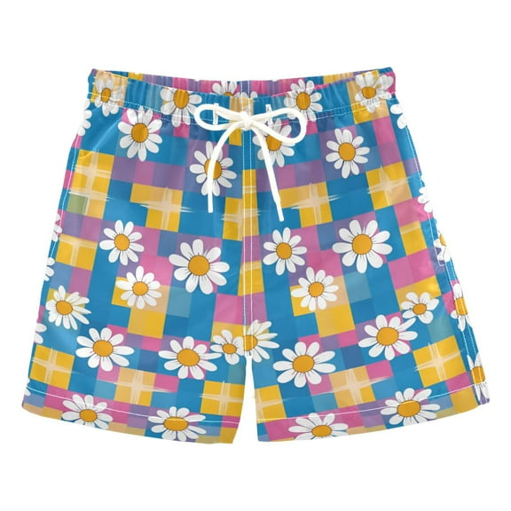FORMRS Boys Swim Trunks Quick Dry Mesh Liner Boardshorts Sizes XS-XL, Blue Checkered Daisy
