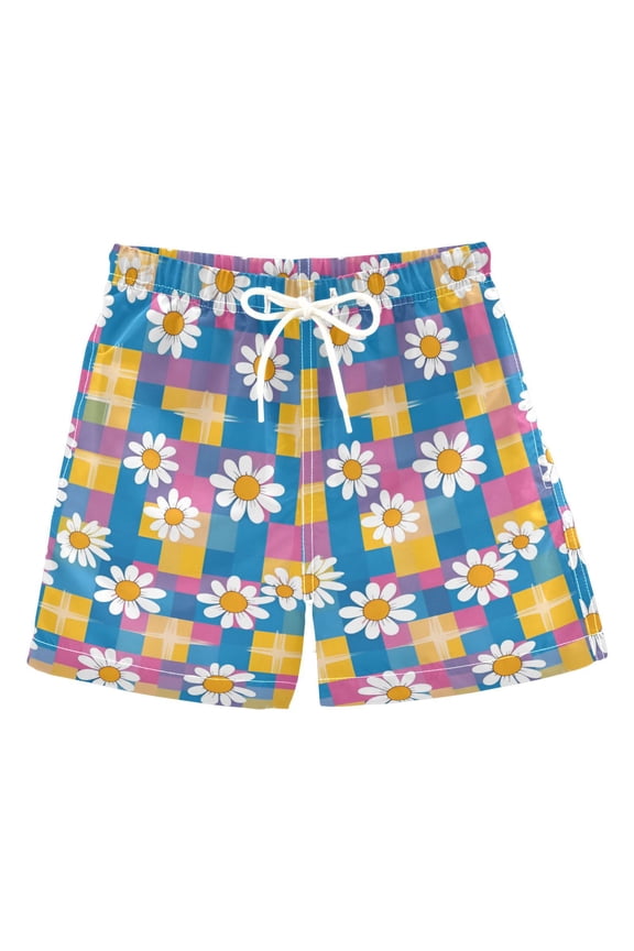 Boys Swim Trunks Quick Dry Mesh Liner Boardshorts Sizes XS-XL, Blue Checkered Daisy