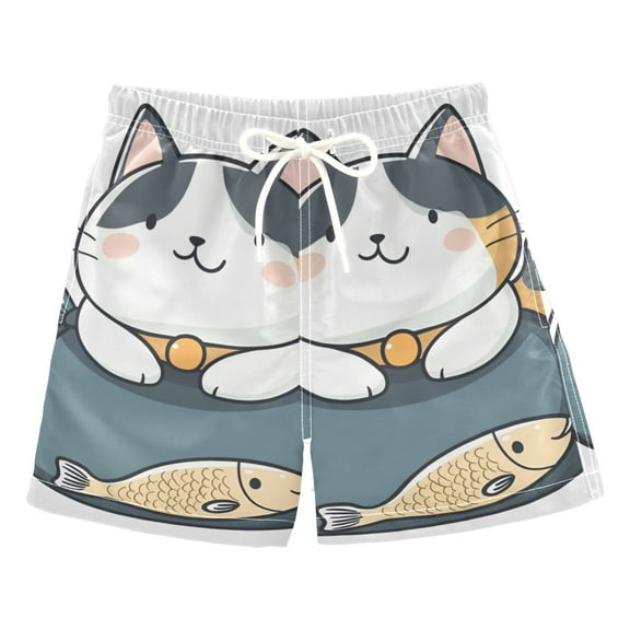 FORMRS Boys Swim Trunks Quick Dry Mesh Liner Boardshorts Sizes XS-XL, Blue Cute Cat