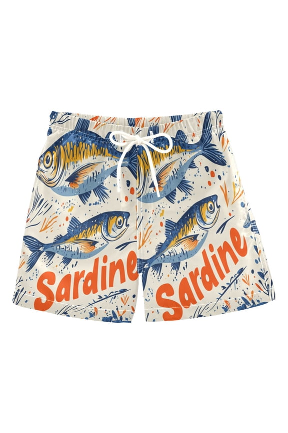 Boys Swim Trunks Quick Dry Mesh Liner Boardshorts Sizes XS-XL, Blue Sardines Pattern