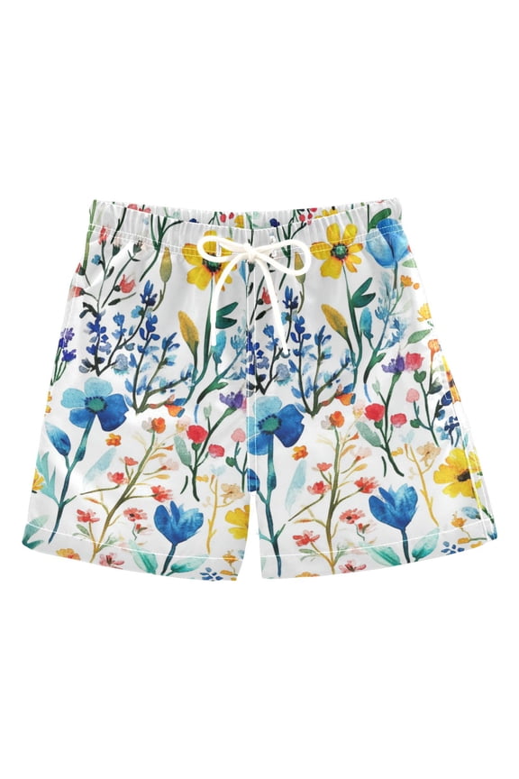 Boys Swim Trunks Quick Dry Mesh Liner Boardshorts Sizes XS-XL, Blue Wildflower Pattern