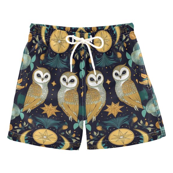 FORMRS Boys Swim Trunks Quick Dry Mesh Liner Boardshorts Sizes XS-XL, Brown Mystical Owls