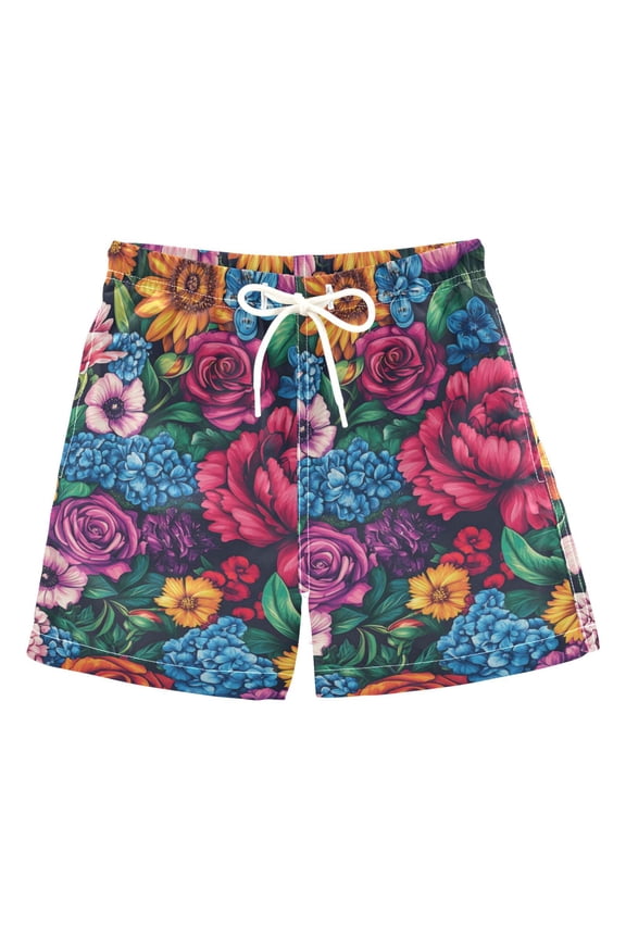 Boys Swim Trunks Quick Dry Mesh Liner Boardshorts Sizes XS-XL, Charming Floral Pattern