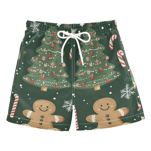 FORMRS Boys Swim Trunks Quick Dry Mesh Liner Boardshorts Sizes XS-XL, Christmas Cartoon Gingerbread Pattern