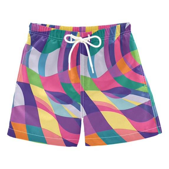 FORMRS Boys Swim Trunks Quick Dry Mesh Liner Boardshorts Sizes XS-XL, Colorful Wavy Pattern