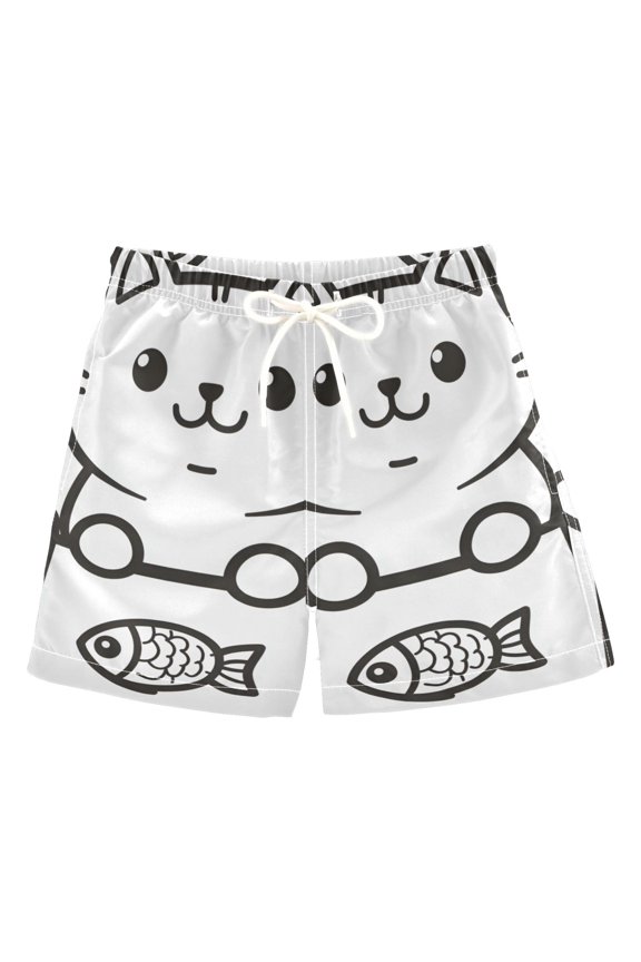 Boys Swim Trunks Quick Dry Mesh Liner Boardshorts Sizes XS-XL, Cute Chubby Cat