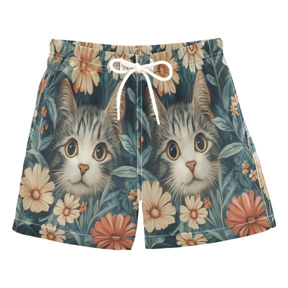 FORMRS Boys Swim Trunks Quick Dry Mesh Liner Boardshorts Sizes XS-XL, Flowers Cat