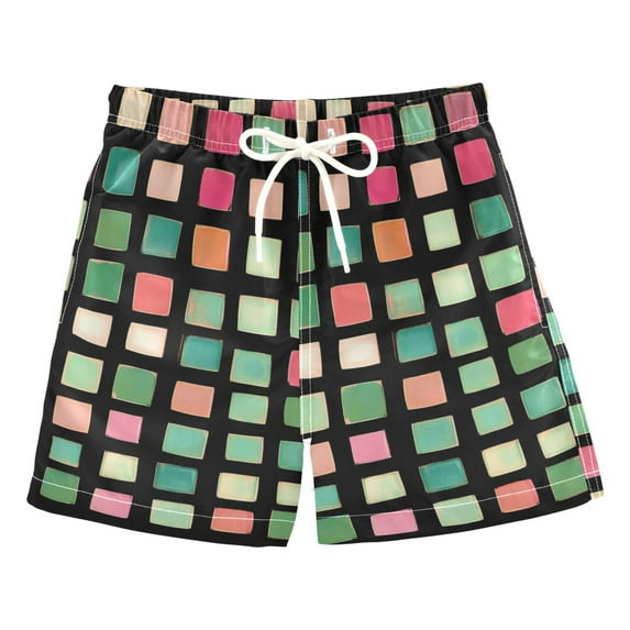 FORMRS Boys Swim Trunks Quick Dry Mesh Liner Boardshorts Sizes XS-XL, Green Block Pattern