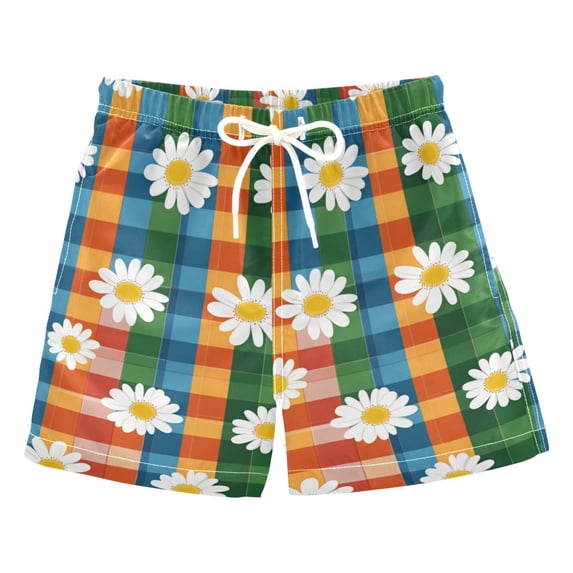 FORMRS Boys Swim Trunks Quick Dry Mesh Liner Boardshorts Sizes XS-XL, Green Checkered Daisy