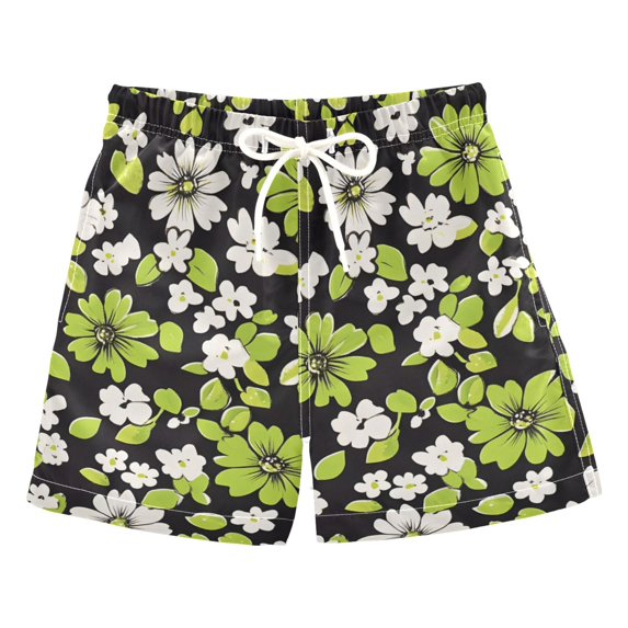 FORMRS Boys Swim Trunks Quick Dry Mesh Liner Boardshorts Sizes XS-XL, Green Flower Pattern