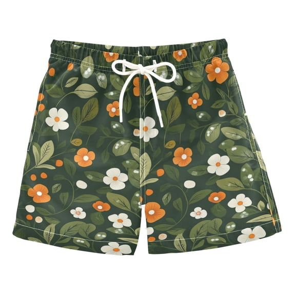 FORMRS Boys Swim Trunks Quick Dry Mesh Liner Boardshorts Sizes XS-XL, Green Flowers Pattern