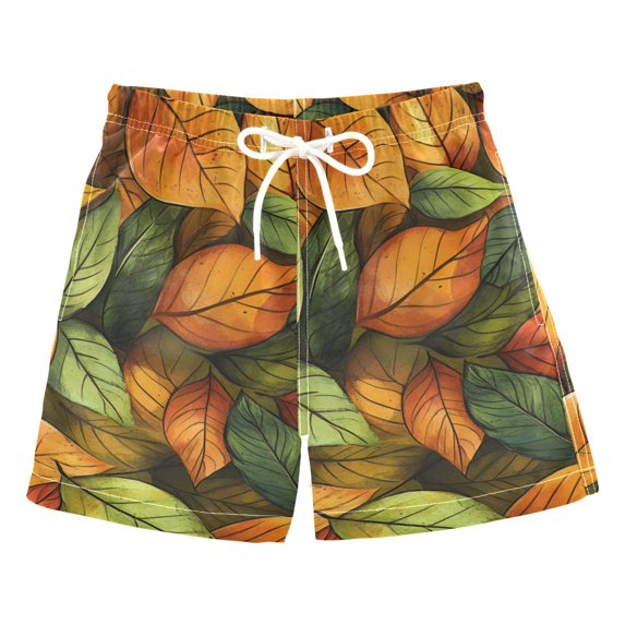 FORMRS Boys Swim Trunks Quick Dry Mesh Liner Boardshorts Sizes XS-XL, Green Retro Leaves