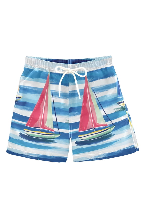 Boys Swim Trunks Quick Dry Mesh Liner Boardshorts Sizes XS-XL, Green Sailboats