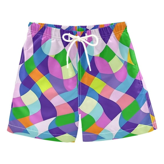 FORMRS Boys Swim Trunks Quick Dry Mesh Liner Boardshorts Sizes XS-XL, Green Wavy Plaid